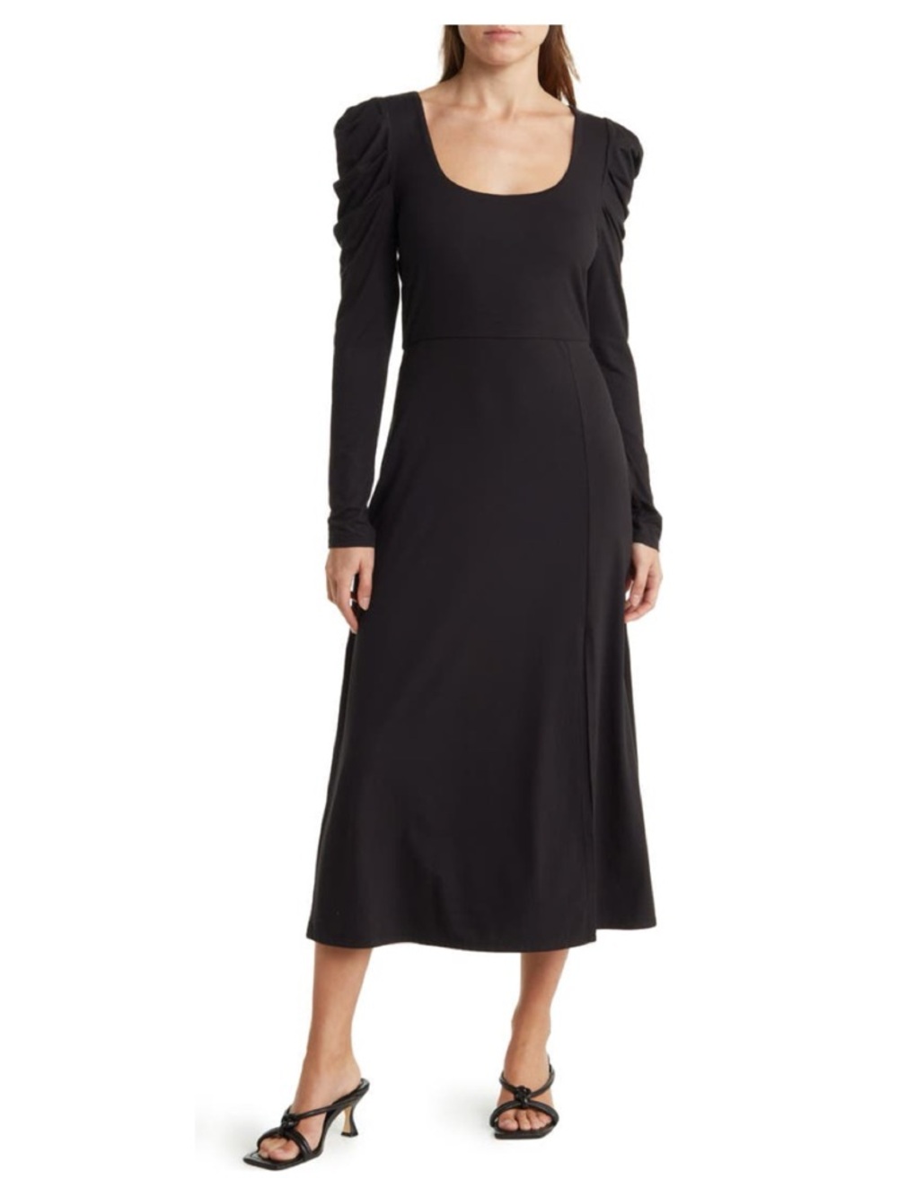 WAYF Puff Long Sleeve Midi‎ Dress with Slit Black Sz S Chic Elevated Minimalist